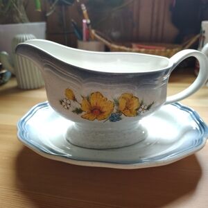 Vintage 1970's Mikasa Ceramic Gravy Boat with Yellow and Blue Floral Design